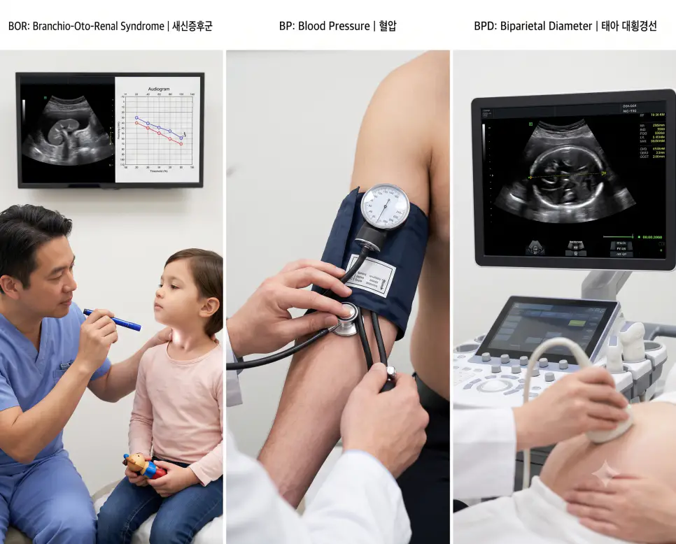 BOR 새신증후군 소아 진료, BP 상완 혈압 측정, BPD 태아 대횡경선 초음파 계측 현장을 복잡한 설명문 없이 각 패널별 핵심 표제어만으로 정갈하게 엮어낸 3분할 파노라마 인포그래픽 포스터