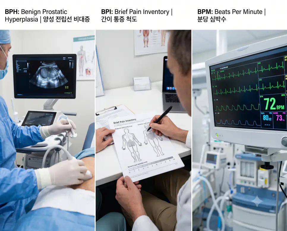 BPH 전립선 초음파 용적 측정, BPI 간이 통증 척도 진료 설문, BPM 중환자 심박수 모니터링 현장을 복잡한 설명문 없이 각 패널별 핵심 표제어만으로 정갈하게 엮어낸 3분할 파노라마 인포그래픽 포스터