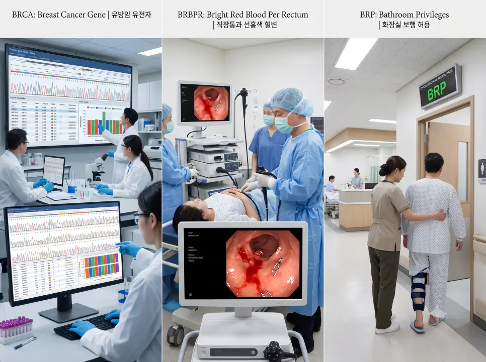 BRCA 유방암 유전자 분석, BRBPR 선홍색 혈변 응급 대장내시경 처치, BRP 화장실 보행 간호 케어 현장을 복잡한 설명문 없이 각 패널별 핵심 표제어만으로 정갈하게 엮어낸 3분할 파노라마 인포그래픽 포스터