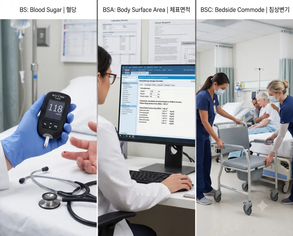 BS 모세혈 혈당 측정, BSA 항암제 체표면적 정밀 처방, BSC 병동 낙상방지 침상변기 간호 현장을 복잡한 설명문 없이 각 패널별 핵심 표제어만으로 정갈하게 엮어낸 3분할 파노라마 인포그래픽 포스터