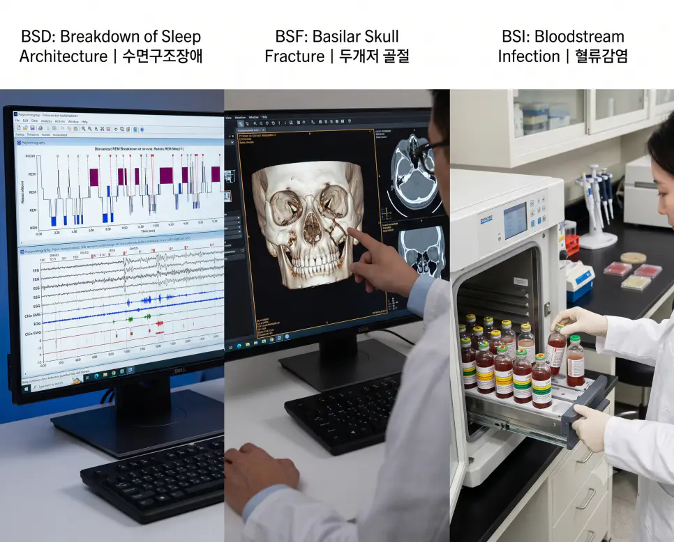 BSD 수면구조장애 다원검사, BSF 두개저 골절 외상 CT 판독, BSI 패혈증 혈액배양 검사 현장을 복잡한 설명문 없이 각 패널별 핵심 표제어만으로 정갈하게 엮어낸 3분할 파노라마 인포그래픽 포스터