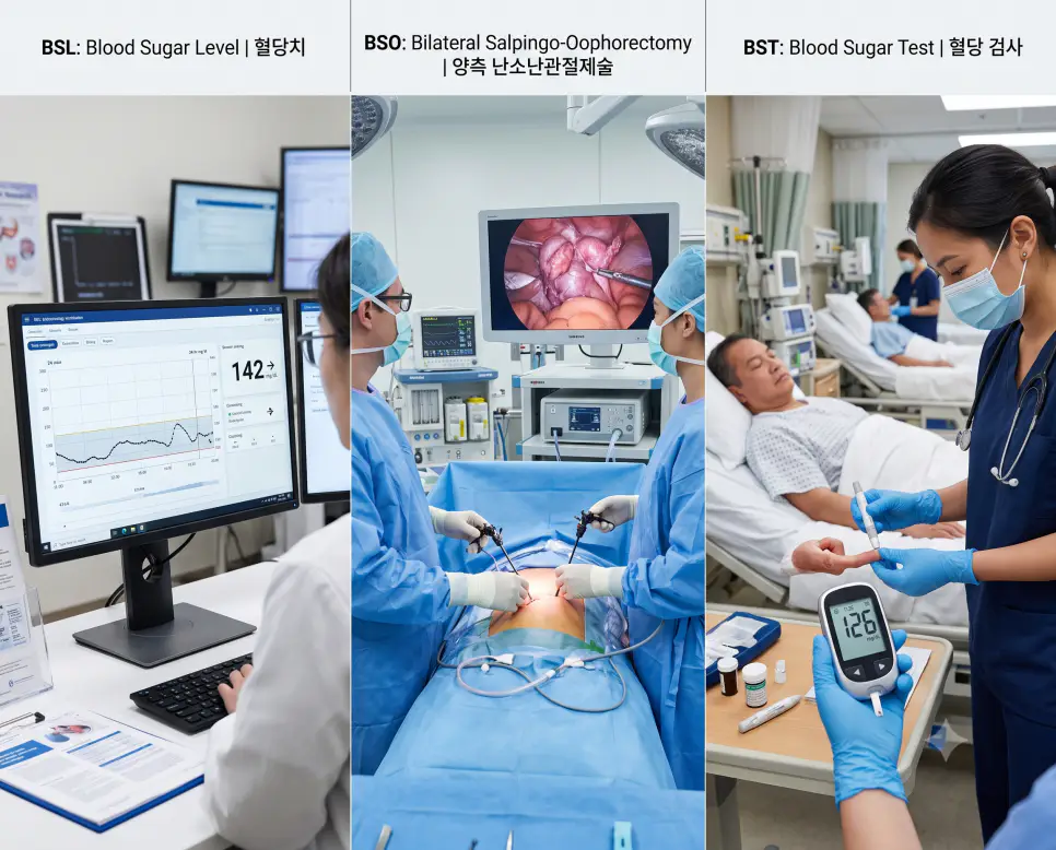 BSL 혈당치 연속 분석, BSO 복강경 양측 난소난관절제술, BST 침상 모세혈 혈당 측정 현장을 복잡한 설명문 없이 각 패널별 핵심 표제어만으로 정갈하게 엮어낸 3분할 파노라마 인포그래픽 포스터