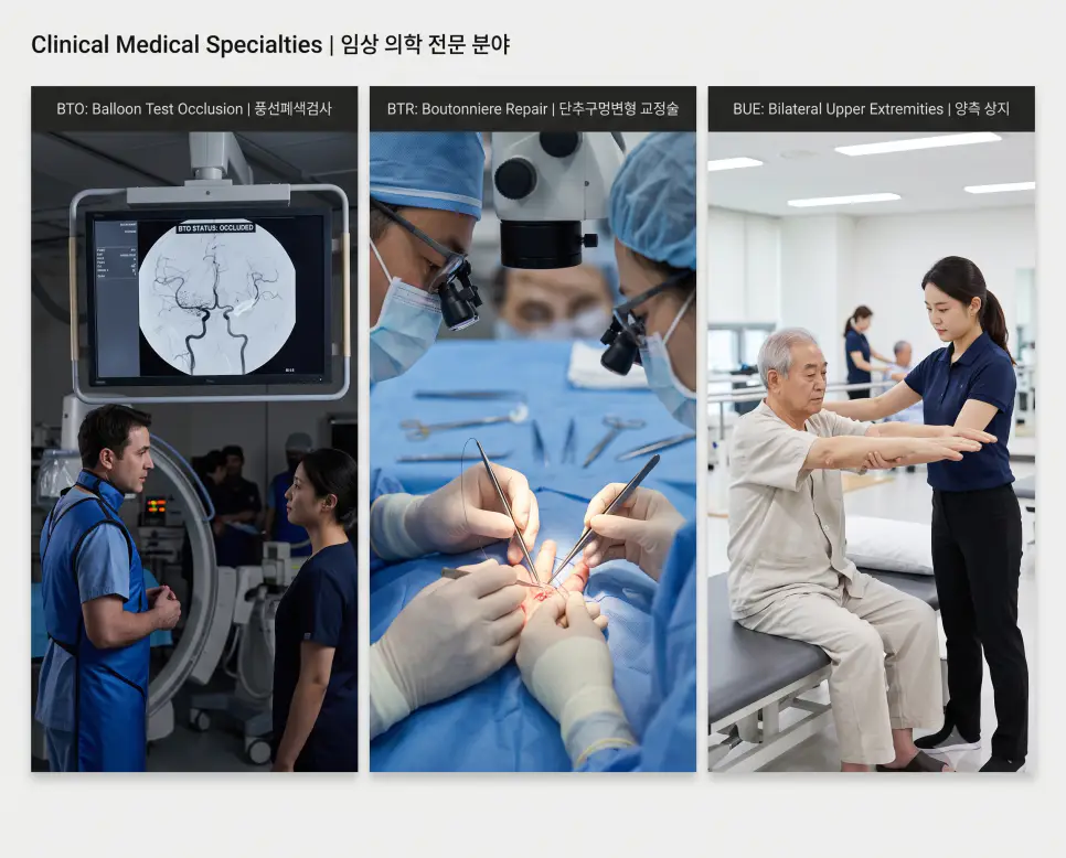 BTO 뇌혈류 풍선폐색검사, BTR 손가락 건재건 교정술, BUE 양측 상지 근력평가 현장을 복잡한 설명문 없이 각 패널별 핵심 표제어만으로 정갈하게 엮어낸 3분할 파노라마 인포그래픽 포스터