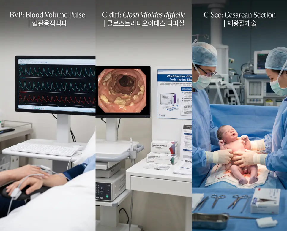 BVP 혈관용적맥파 자율신경 검사, C-diff 위막성 대장염 내시경 진단, C-Sec 제왕절개 분만 수술 현장을 복잡한 설명문 없이 각 패널별 핵심 표제어만으로 정갈하게 엮어낸 3분할 파노라마 인포그래픽 포스터