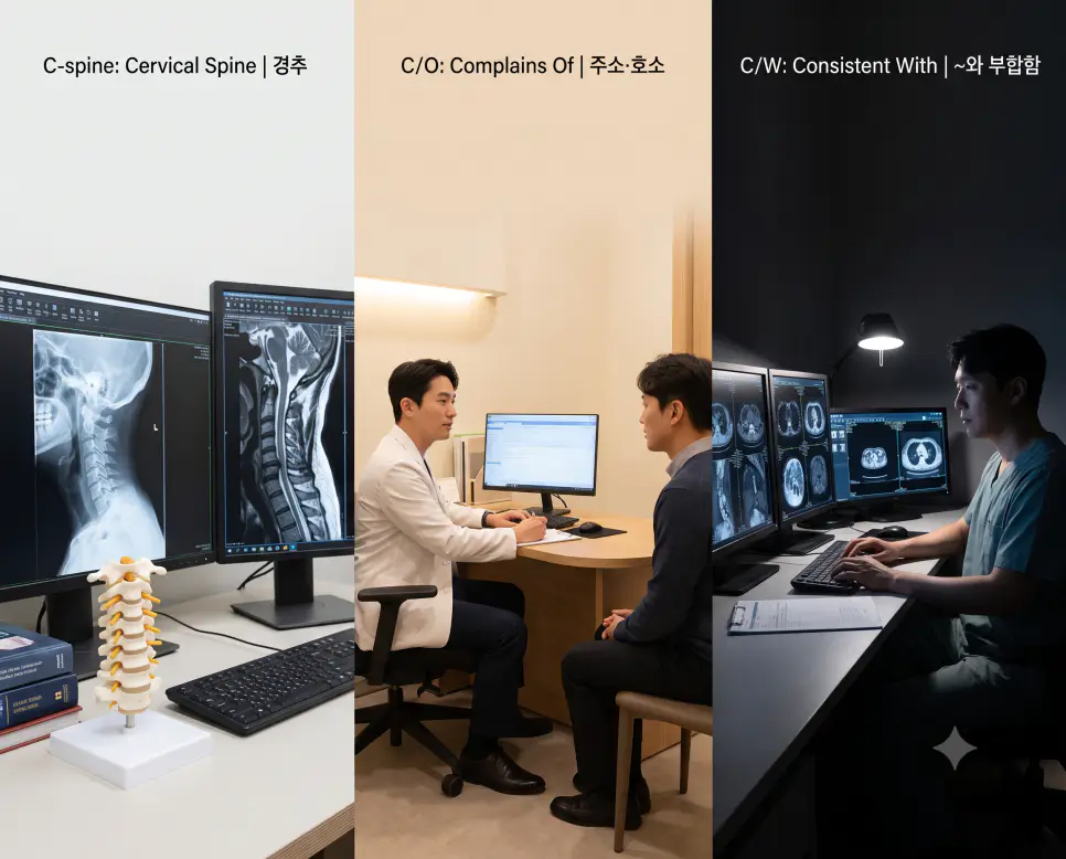 C-spine 경추 방사선 판독, C/O 외래 진료 환자 호소 차팅, C/W 영상의학 진단 부합 소견 기록 현장을 복잡한 설명문 없이 각 패널별 핵심 표제어만으로 정갈하게 엮어낸 3분할 파노라마 인포그래픽 포스터