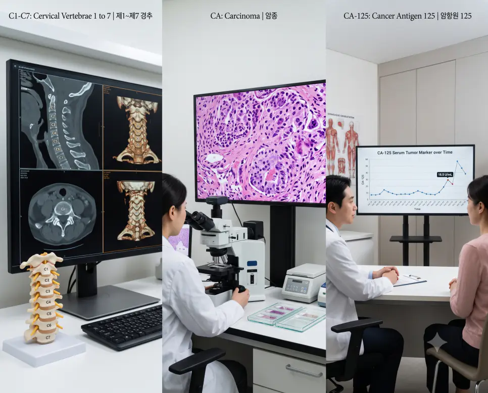 C1-C7 경추 7개 분절 영상 판독, CA 암종 침윤 병리조직 검경, CA-125 난소암 종양표지자 추적 현장을 복잡한 설명문 없이 각 패널별 핵심 표제어만으로 정갈하게 엮어낸 3분할 파노라마 인포그래픽 포스터