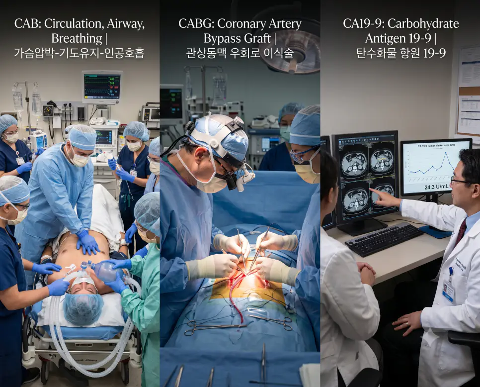 CAB 심폐소생술 가슴압박 소생 현장, CABG 관상동맥 우회로 미세 문합 수술, CA19-9 췌담도암 종양표지자 추적 관찰을 복잡한 설명문 없이 각 패널별 핵심 표제어만으로 정갈하게 엮어낸 3분할 파노라마 인포그래픽 포스터