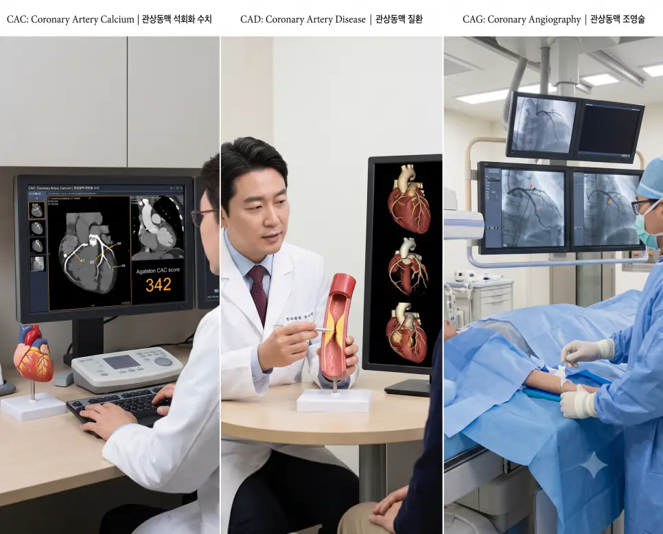 CAC 관상동맥 석회화 CT 계측, CAD 관상동맥 협착 질환 상담, CAG 관상동맥 조영술 시술 현장을 복잡한 설명문 없이 각 패널별 핵심 표제어만으로 정갈하게 엮어낸 3분할 파노라마 인포그래픽 포스터
