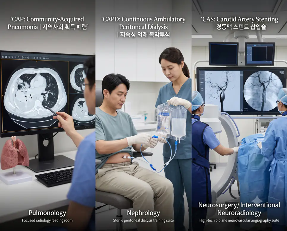 CAP 지역사회 획득 폐렴 CT 판독, CAPD 외래 복막투석 무균 교환 시연, CAS 경동맥 스텐트 삽입 혈관조영술 현장을 복잡한 설명문 없이 각 패널별 핵심 표제어만으로 정갈하게 엮어낸 3분할 파노라마 인포그래픽 포스터