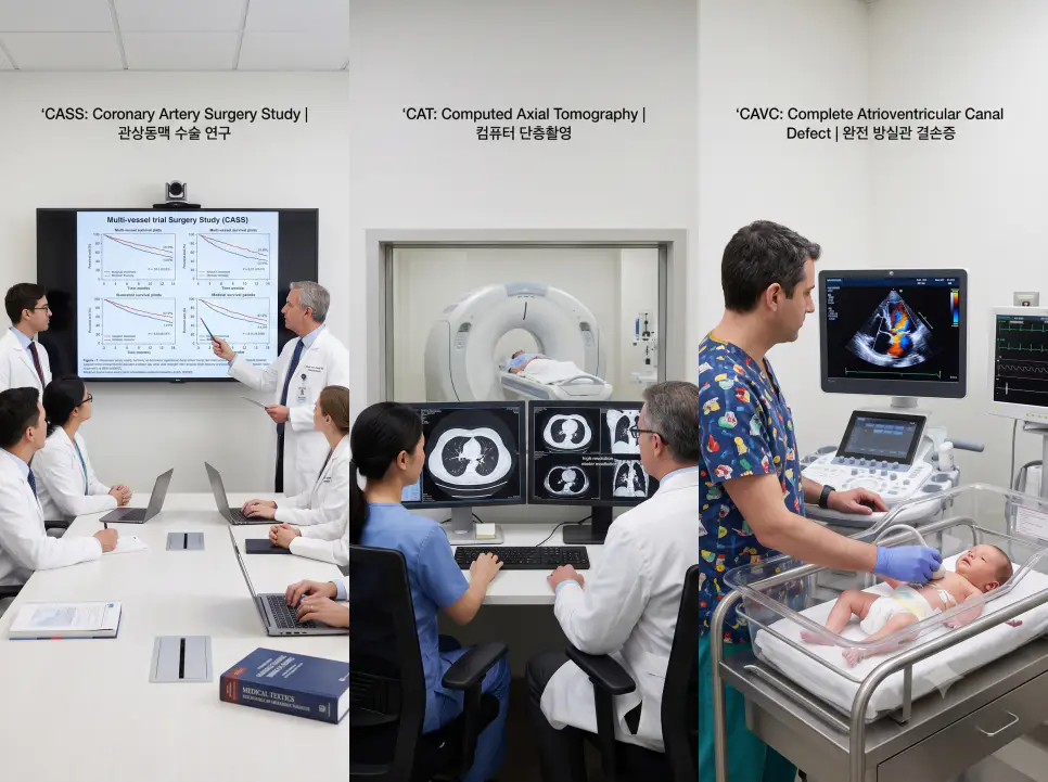 CASS 관상동맥 수술 생존율 연구 분석, CAT 컴퓨터 단층촬영 횡단면 판독, CAVC 완전 방실관 결손증 영아 심초음파 검사 현장을 복잡한 설명문 없이 각 패널별 핵심 표제어만으로 정갈하게 엮어낸 3분할 파노라마 인포그래픽 포스터