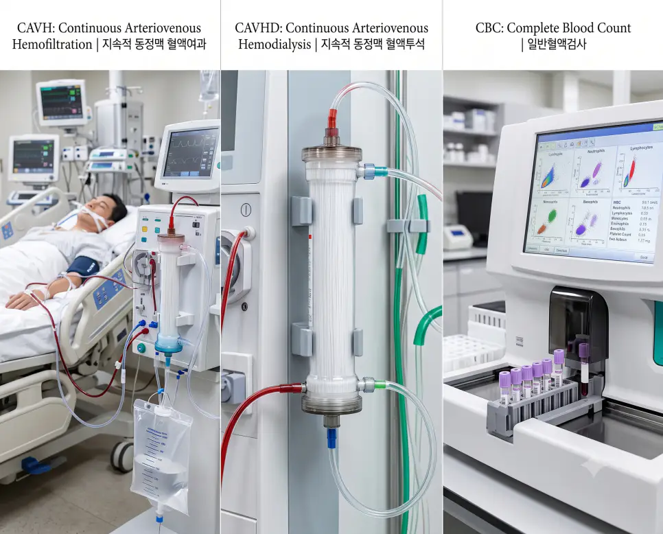 CAVH 동정맥 혈액여과 회로, CAVHD 역류 혈액투석막 모듈, CBC 자동 일반혈액검사 장비 현장을 복잡한 설명문 없이 각 패널별 핵심 표제어만으로 정갈하게 엮어낸 3분할 파노라마 인포그래픽 포스터