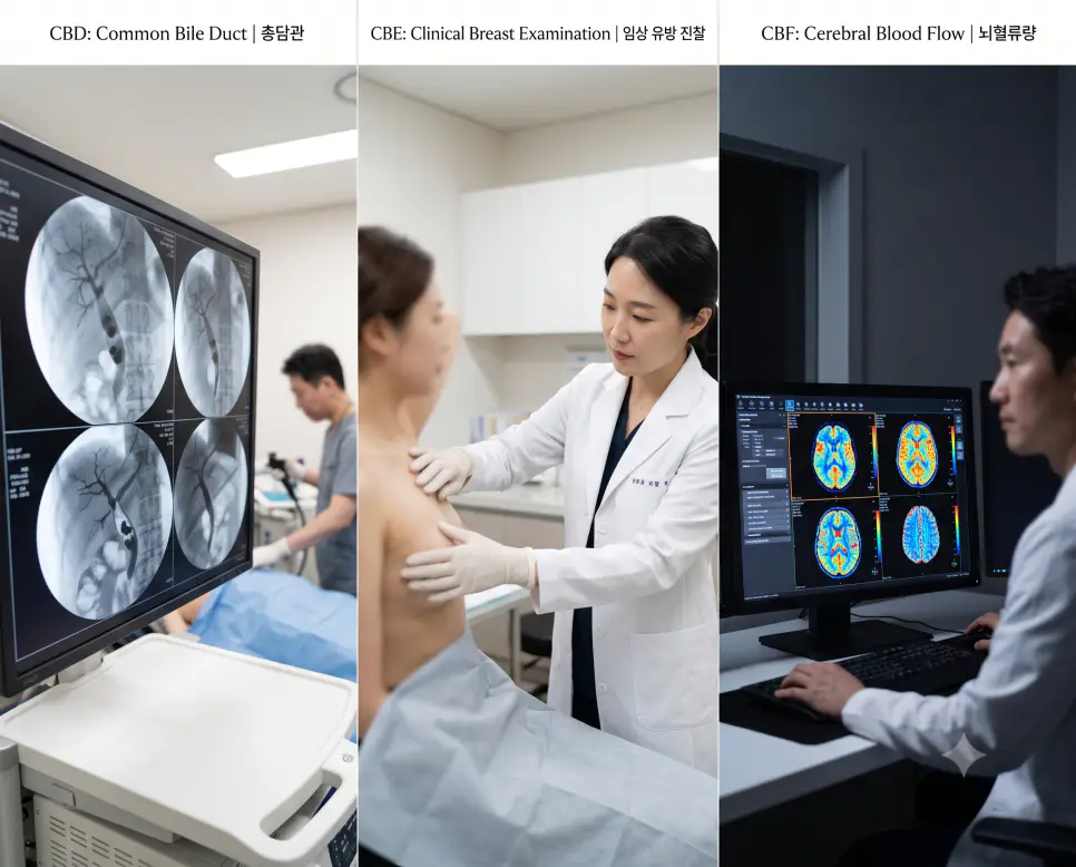 CBD 총담관 형광투시 조영, CBE 임상 유방 수기 촉진 진찰, CBF 뇌혈류량 관류 컬러 맵 판독 현장을 복잡한 설명문 없이 각 패널별 핵심 표제어만으로 정갈하게 엮어낸 3분할 파노라마 인포그래픽 포스터