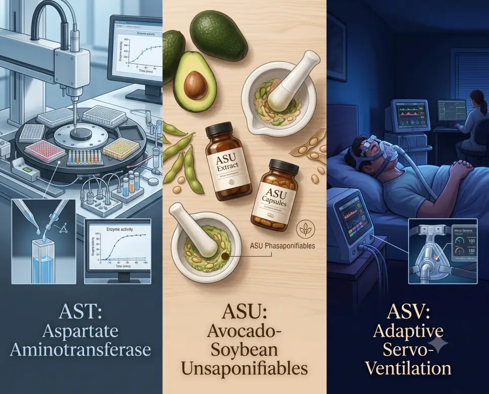 AST 효소 검사 매크로, ASU 연골 재생 플랫레이, ASV 수면환기기 로우앵글을 서로 다른 3가지 시점과 조명으로 연출한 현대적 통합 의료 인포그래픽 포스터