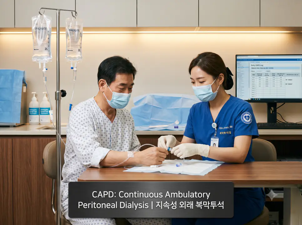 신장내과 투석 교육실에서 간호사가 환자에게 무균적인 복막투석 도관 연결과 트윈백 교환법을 교육하는 모습과 하단에 "CAPD: Continuous Ambulatory Peritoneal Dialysis | 지속성 외래 복막투석" 타이포그래피만 조화롭게 들어간 클리닉 접사 이미지