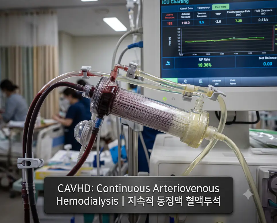 중환자 신대체요법 현장에서 혈류와 투석액이 역방향으로 흐르며 요독을 확산 제거하는 투석기 필터 회로 접사와 하단에 "CAVHD: Continuous Arteriovenous Hemodialysis | 지속적 동정맥 혈액투석" 타이포그래피만 조화롭게 들어간 시술 접사 이미지