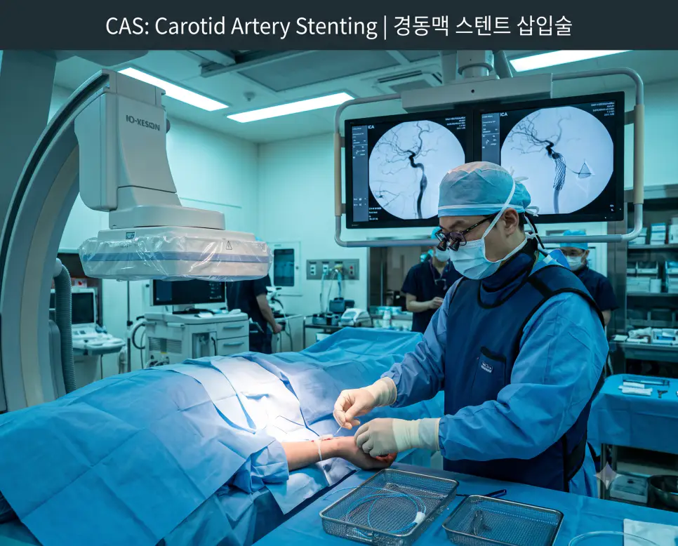 혈관조영실에서 신경중재치료 전문의가 투시 영상 하에서 협착된 경동맥에 니티놀 스텐트를 성공적으로 유치시킨 혈관조영상을 확인하는 현장과 상단에 "CAS: Carotid Artery Stenting | 경동맥 스텐트 삽입술" 타이틀만 절제되어 들어간 시술 사진