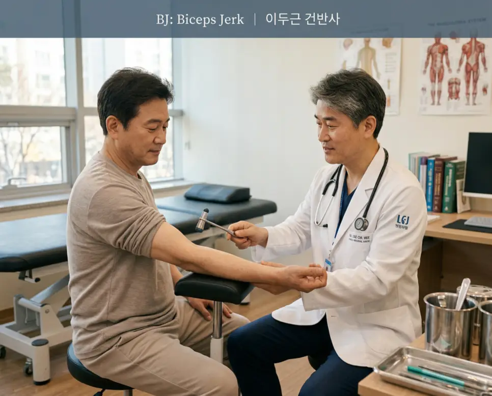 신경과 진료실에서 의사가 타진기로 상완이두근 건을 가볍게 두드려 신경근 반사를 검사하는 진료 모습과 상단에 "BJ: Biceps Jerk | 이두근 건반사" 폰트가 절제되어 들어간 임상 신체 검진 사진