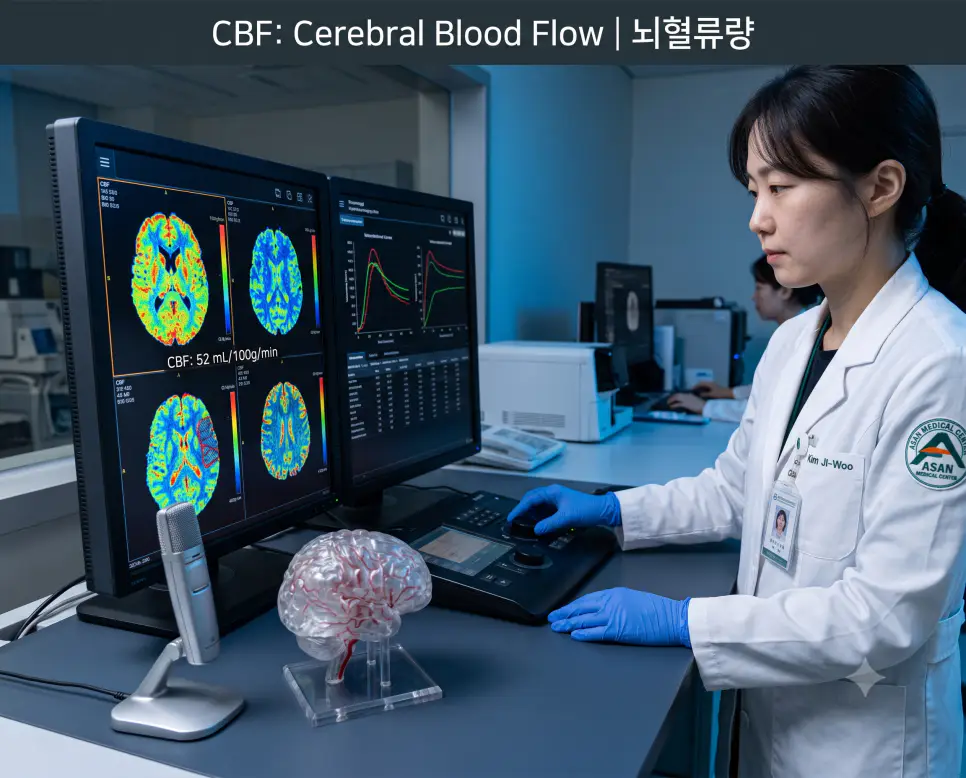 신경영상의학과 판독실에서 전문의가 대뇌 반구 관류 CT 모니터 속 뇌혈류량(CBF) 컬러 맵과 52 mL/100g/min 수치를 분석하는 현장과 상단에 "CBF: Cerebral Blood Flow | 뇌혈류량" 타이틀만 절제되어 들어간 영상의학 사진