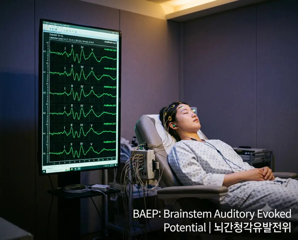 신경생리학 검사실에서 환자의 뇌간청각유발전위 Wave I-V 파형을 검사하며 우측 하단에 "BAEP: Brainstem Auditory Evoked Potential | 뇌간청각유발전위" 타이포그래피가 들어간 전문 진단 사진