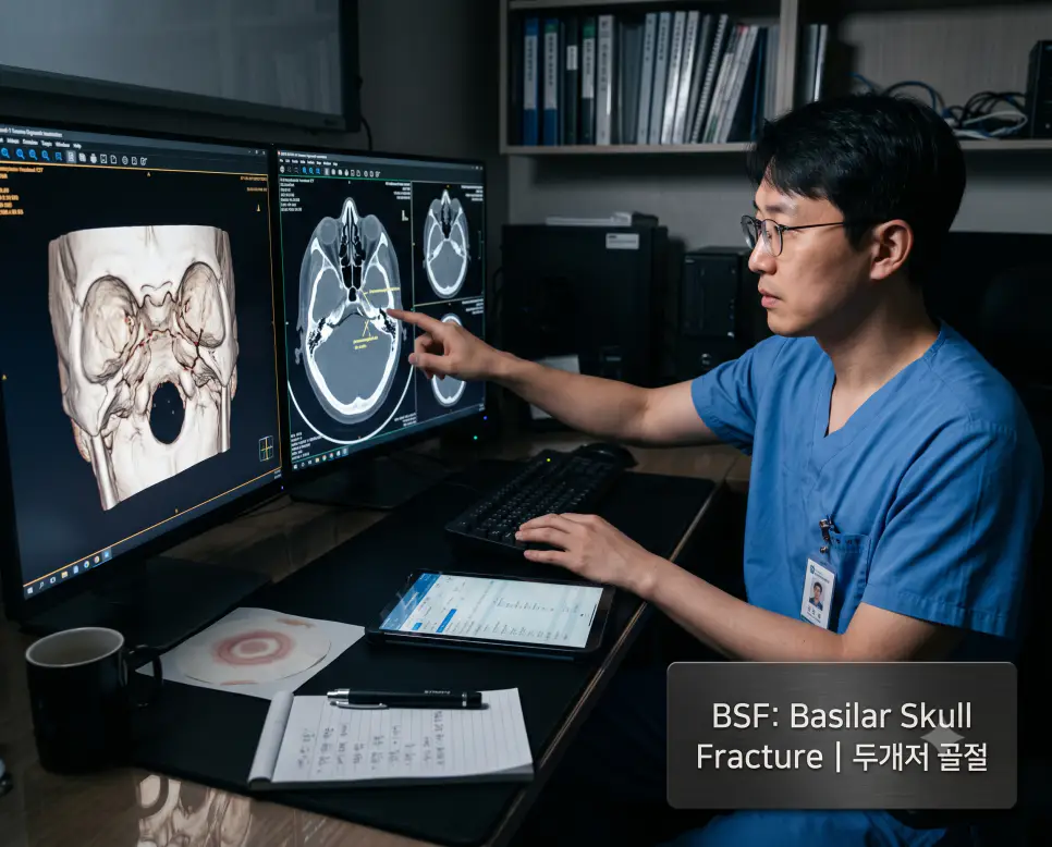 외상 센터에서 신경외과 의사가 3D 두부 CT 골창 영상 속 두개저 골절선과 접형동 체액 저류를 판독하는 정경과 하단에 "BSF: Basilar Skull Fracture | 두개저 골절" 타이포그래피만 조화롭게 들어간 영상의학 접사 이미지