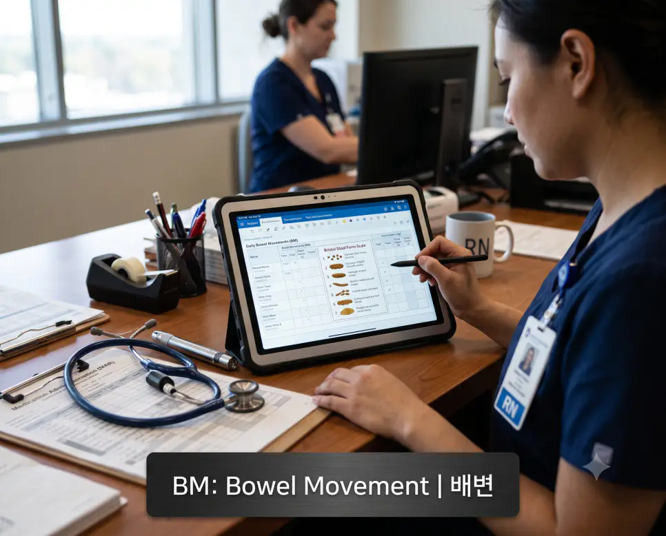 병동 간호 스테이션 태블릿에 브리스톨 대변 척도 차트와 일일 배변 기록이 띄워진 모습과 하단에 "BM: Bowel Movement | 배변" 타이포그래피가 조화롭게 들어간 의무기록 관리 사진