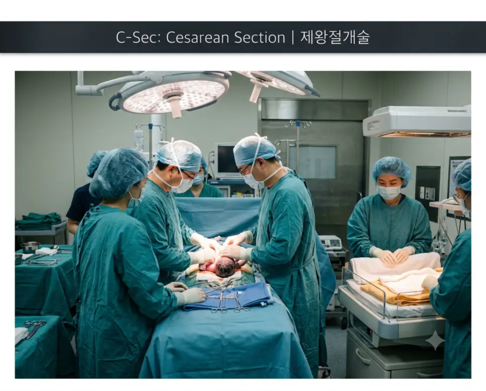 산부인과 수술실에서 수술팀이 제왕절개술을 통해 안전하게 신생아를 만출시키는 감동적인 현장과 상단에 "C-Sec: Cesarean Section | 제왕절개술" 타이틀만 절제되어 들어간 전문 산과 수술 사진