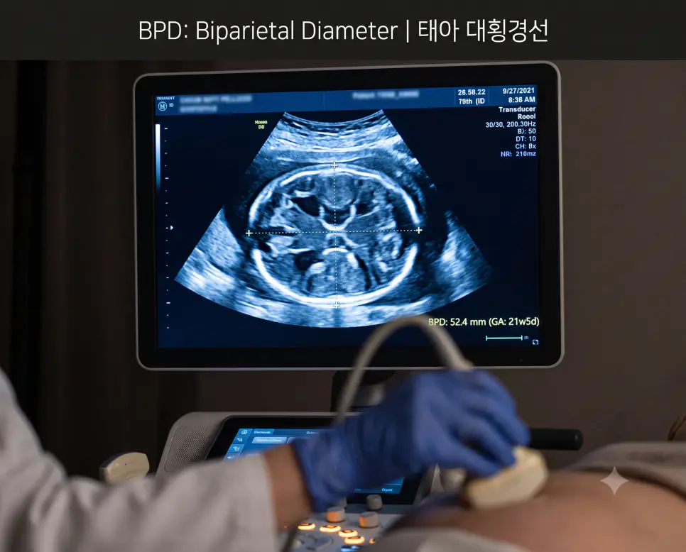 산부인과 초음파실에서 전문의가 태아 두개골 횡단면 초음파의 대횡경선(BPD: 52.4 mm)을 캘리퍼로 정밀 계측하는 정경과 상단에 "BPD: Biparietal Diameter | 태아 대횡경선" 타이틀만 절제되어 들어간 산과 진단 사진
