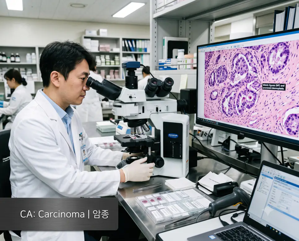 병리과 검사실에서 전문의가 현미경 모니터로 침윤성 상피성 암종(Carcinoma) 조직의 병리 소견을 정밀 판독하는 모습과 하단에 "CA: Carcinoma | 암종" 타이포그래피만 조화롭게 들어간 조직병리학 접사 이미지