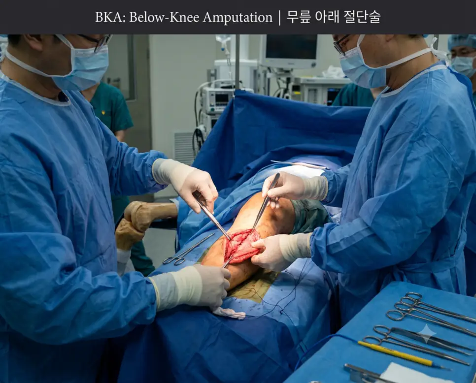 무영등 불빛 아래 정형외과 수술팀이 무릎 관절을 보존한 채 무릎 아래 절단술(BKA) 절단단 근육 피판을 정밀 봉합하는 현장과 상단에 "BKA: Below-Knee Amputation | 무릎 아래 절단술" 폰트가 절제되어 들어간 수술실 이미지