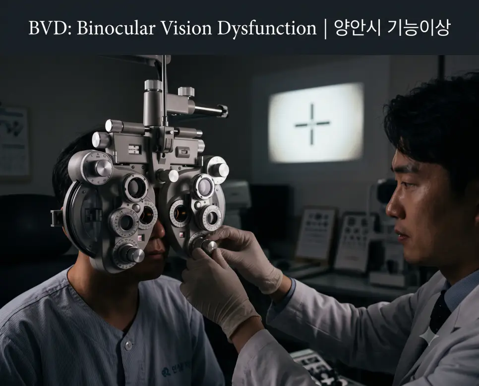 안과 시기능 검사실에서 전문의가 포롭터 프리즘 렌즈를 조절하여 환자의 양안 시선 축 정렬 이상을 정밀 계측하는 모습과 상단에 "BVD: Binocular Vision Dysfunction | 양안시 기능이상" 타이틀만 절제되어 들어간 전문 안과 사진