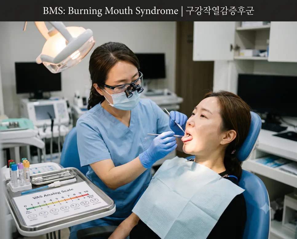 구강내과 진료실에서 전문의가 구강작열감증후군 환자의 혀 점막을 치과용 미러로 세심하게 진찰하는 모습과 상단에 "BMS: Burning Mouth Syndrome | 구강작열감증후군" 폰트가 절제되어 들어간 전문 진료 사진