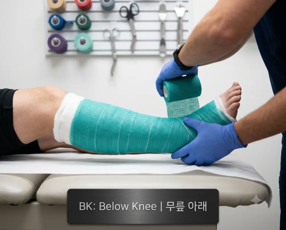 병원 깁스실에서 전문 기사가 환자의 무릎 아래 해부학적 부위에 청록색 유리섬유 캐스트를 정밀하게 감아올리는 모습과 하단에 "BK: Below Knee | 무릎 아래" 타이포그래피가 조화롭게 들어간 시술 접사 사진