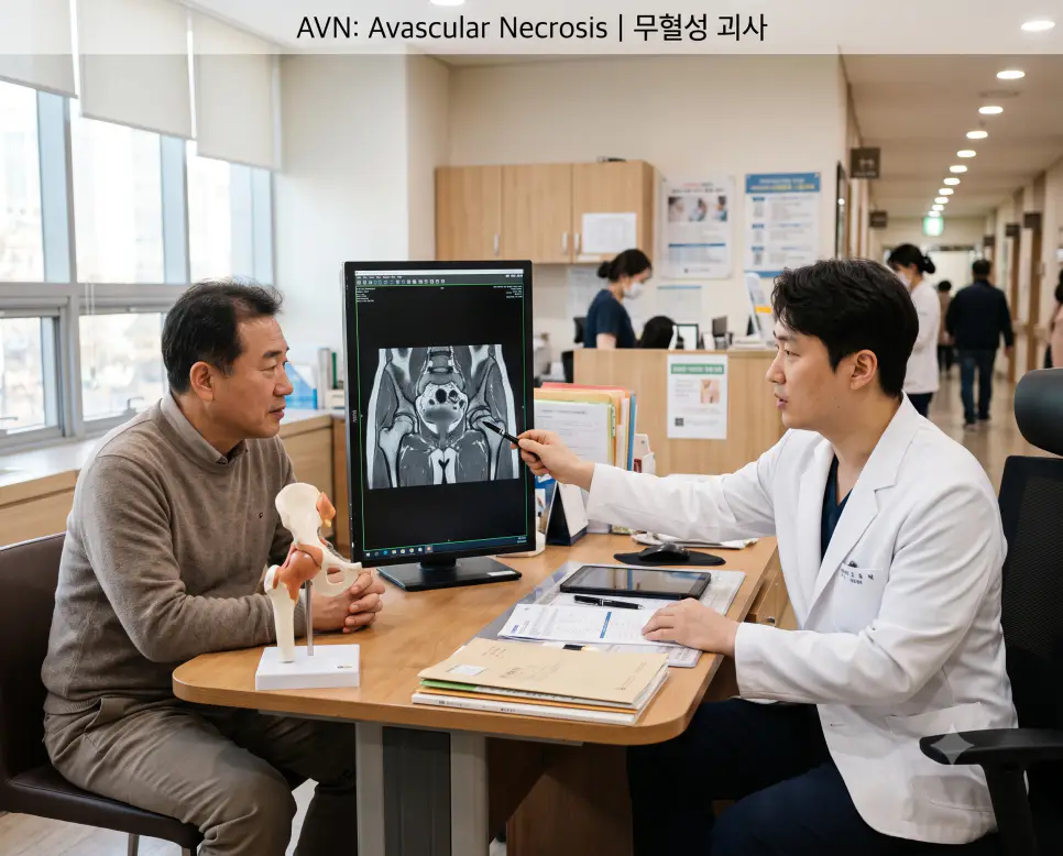 정형외과 진료실에서 교수가 대퇴골두 골괴사 MRI 영상을 가리키며 환자에게 무혈성 괴사 치료를 상담하는 모습과 상단에 "AVN: Avascular Necrosis | 무혈성 괴사" 텍스트가 들어간 진료 이미지