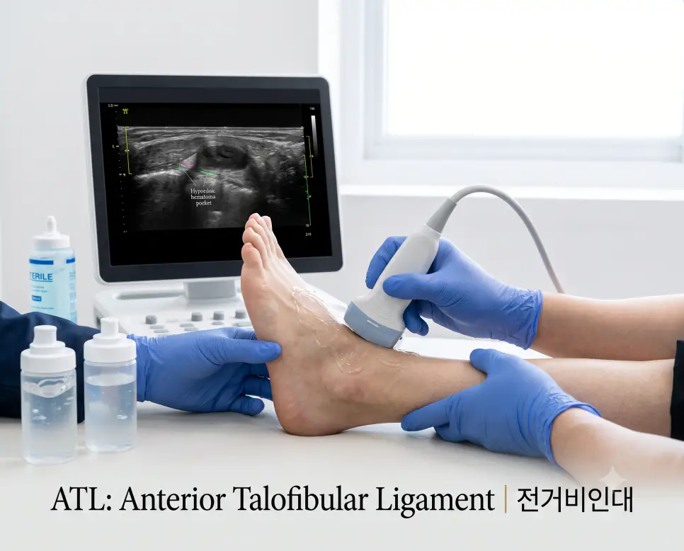 스포츠의학 검사실 다이내믹 접사 시점에서 전거비인대 파열 초음파 소견을 정밀 검경하며 하단에 "ATL: Anterior Talofibular Ligament | 전거비인대" 타이포그래피가 조화를 이룬 극실사 진단 사진