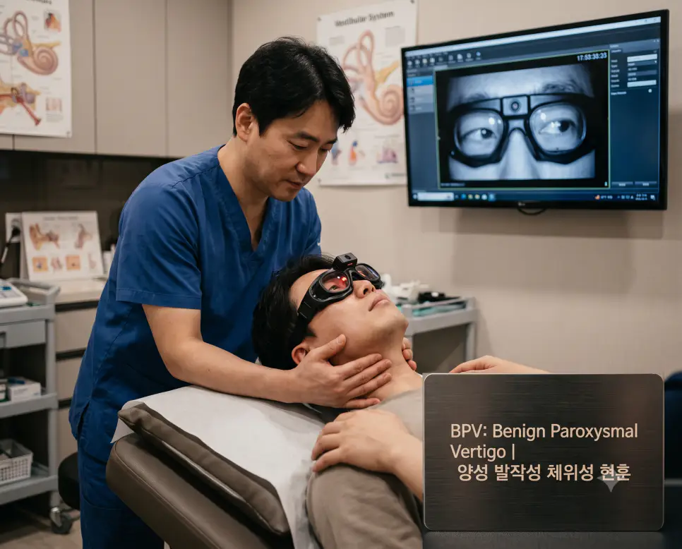 이비인후과 어지럼증 진료실에서 전문의가 비디오 안진 안경을 쓴 환자에게 딕스-홀파이크 검사를 시행하여 모니터로 안진을 확인하는 모습과 하단에 "BPV: Benign Paroxysmal Vertigo | 양성 발작성 체위성 현훈" 타이포그래피만 조화롭게 들어간 진료 접사 이미지
