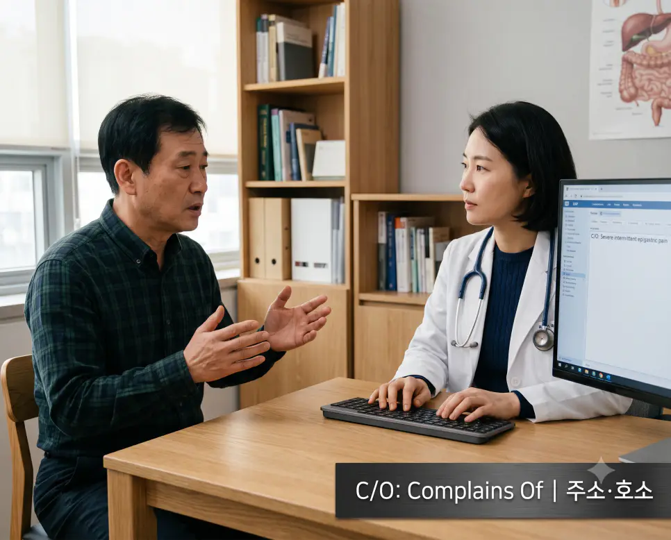 외래 진료실에서 의사가 환자의 증상 호소를 경청하며 EMR 차트에 주호소를 입력하는 모습과 하단에 "C/O: Complains Of | 주소·호소" 타이포그래피만 조화롭게 들어간 진료실 이미지