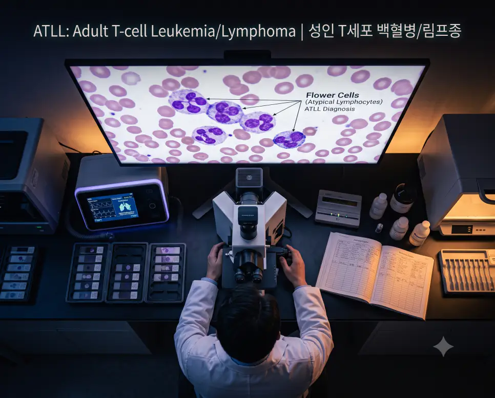 혈액병리 판독실 오버헤드 틸트 시점에서 성인 T세포 백혈병 환자의 플라워 세포 도말 소견을 판독하며 상단에 "ATLL: Adult T-cell Leukemia/Lymphoma | 성인 T세포 백혈병/림프종" 모던 폰트가 절제되어 배치된 극실사 판독 이미지