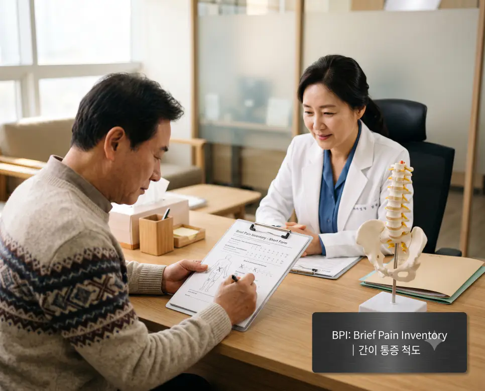 통증클리닉 진료실에서 환자가 간이 통증 척도 설문지의 신체 통증 부위와 0-10 강도를 작성하는 모습과 하단에 "BPI: Brief Pain Inventory | 간이 통증 척도" 타이포그래피만 조화롭게 들어간 진료 접사 이미지