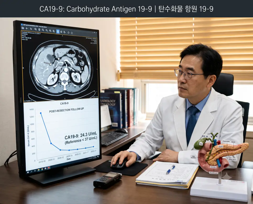 소화기내과 외래에서 전문의가 모니터에 표출된 CA19-9 종양표지자 정상화 수치(24.3 U/mL)와 복부 CT 영상을 검토하는 현장과 상단에 "CA19-9: Carbohydrate Antigen 19-9 | 탄수화물 항원 19-9" 타이틀만 절제되어 들어간 췌담도 임상 사진