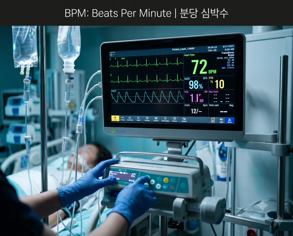 중환자실 침상 모니터 화면에 녹색 심전도 파형과 분당 심박수 72 BPM 수치가 선명히 표시된 현장과 상단에 "BPM: Beats Per Minute | 분당 심박수" 타이틀만 절제되어 들어간 환자 감시 장치 사진