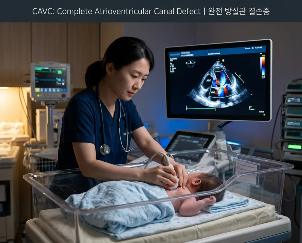 소아심장과 초음파실에서 전문의가 심초음파 컬러 도플러로 영아의 완전 방실관 결손증 심실중격 및 공통 판막 역류를 정밀 계측하는 현장과 상단에 "CAVC: Complete Atrioventricular Canal Defect | 완전 방실관 결손증" 타이틀만 절제되어 들어간 임상 사진