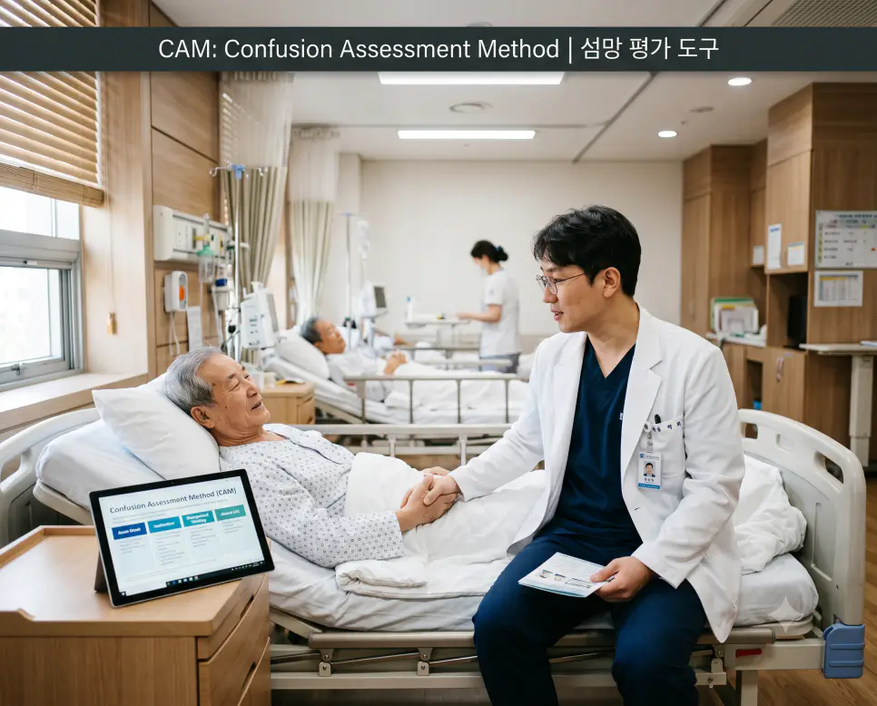 병동 침상 곁에서 신경정신과 전문의가 환자의 주의력과 인지 상태를 문진하며 태블릿으로 CAM 평가 알고리즘을 기록하는 현장과 상단에 "CAM: Confusion Assessment Method | 섬망 평가 도구" 타이틀만 절제되어 들어간 임상 진료 사진