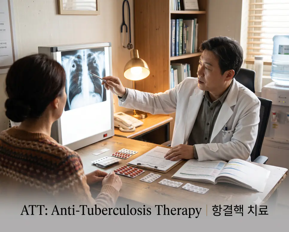 호흡기내과 진료실에서 의사가 결핵 X선 필름을 짚으며 환자에게 항결핵제 복약 상담을 진행하는 모습과 하단에 "ATT: Anti-Tuberculosis Therapy | 항결핵 치료" 타이포그래피가 들어간 자연스러운 진료 이미지