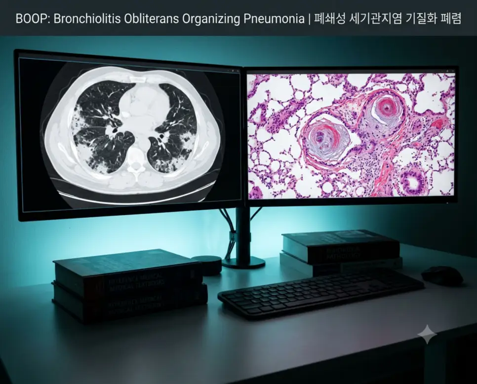호흡기내과 판독실에서 흉부 고해상도 CT의 흉막하 음영과 세기관지 내 마송체 육아조직 병리 소견을 대조 분석하는 정경과 상단에 "BOOP: Bronchiolitis Obliterans Organizing Pneumonia | 폐쇄성 세기관지염 기질화 폐렴" 타이틀만 절제되어 들어간 임상 판독 사진