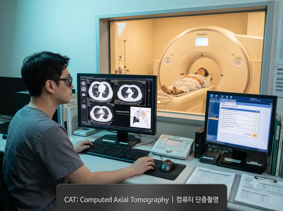 영상의학과 CT 조종실에서 방사선사가 갠트리를 통과하는 환자의 흉부 횡단면 컴퓨터 단층촬영 영상을 확인하는 모습과 하단에 "CAT: Computed Axial Tomography | 컴퓨터 단층촬영" 타이포그래피만 조화롭게 들어간 진료실 이미지