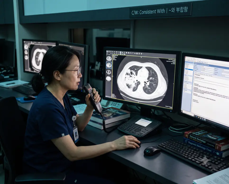 영상의학과 판독실에서 전문의가 폐렴 의심 CT 영상을 검토하며 판독문에 소견 일치 결과를 구술·기록하는 현장과 상단에 "C/W: Consistent With | ~와 부합함" 타이틀만 절제되어 들어간 전문 판독 사진