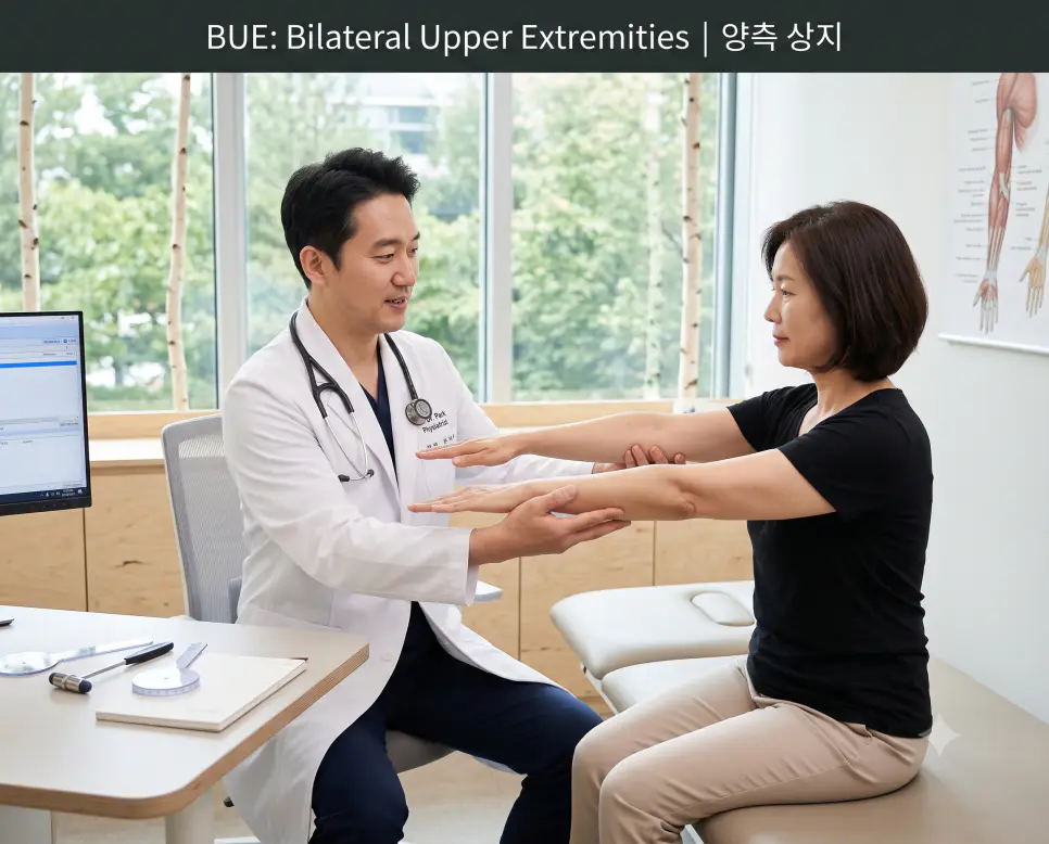 재활의학과 진료실에서 전문의가 환자의 양팔을 거상시켜 양측 상지의 근력과 관절 가동 범위를 진찰하는 정경과 상단에 "BUE: Bilateral Upper Extremities | 양측 상지" 타이틀만 절제되어 들어간 임상 신체 검진 사진