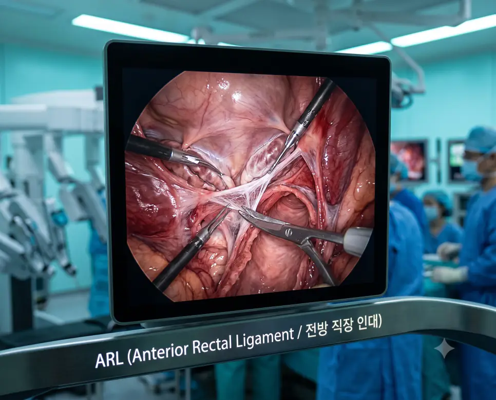 로봇 수술실 콘솔 시점에서 비뇨의학과 전문의가 전립선암 수술 중 전방 직장 인대 박리 면을 확인하며 제어반에 "ARL (Anterior Rectal Ligament / 전방 직장 인대)" 텍스트가 각인된 극실사 수술 사진