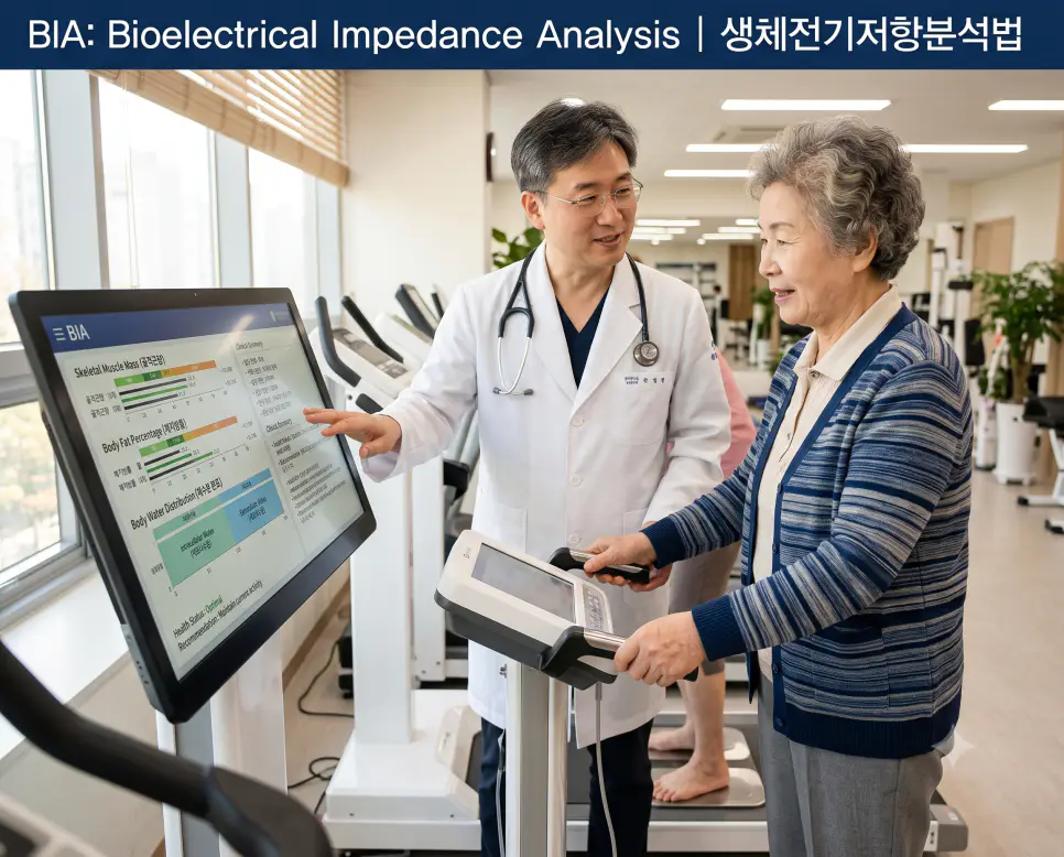 스포츠의학 클리닉에서 전문의가 BIA 측정기 위에 선 고령 환자에게 인바디 근육량 및 체지방 그래프를 가리키며 상담하는 따뜻한 현장과 상단 바에 "BIA: Bioelectrical Impedance Analysis | 생체전기저항분석법" 타이포그래피가 인쇄된 극실사 이미지