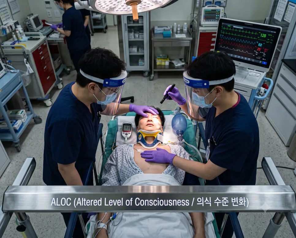 응급실 소생실 탑다운 시점에서 응급의학과 의료진이 펜라이트로 동공 반사를 확인하며 급격한 의식 저하 환자의 반응 척도를 평가하고 카트에 "ALOC (Altered Level of Consciousness / 의식 수준 변화)" 텍스트가 각인된 극실사 응급진료 사진